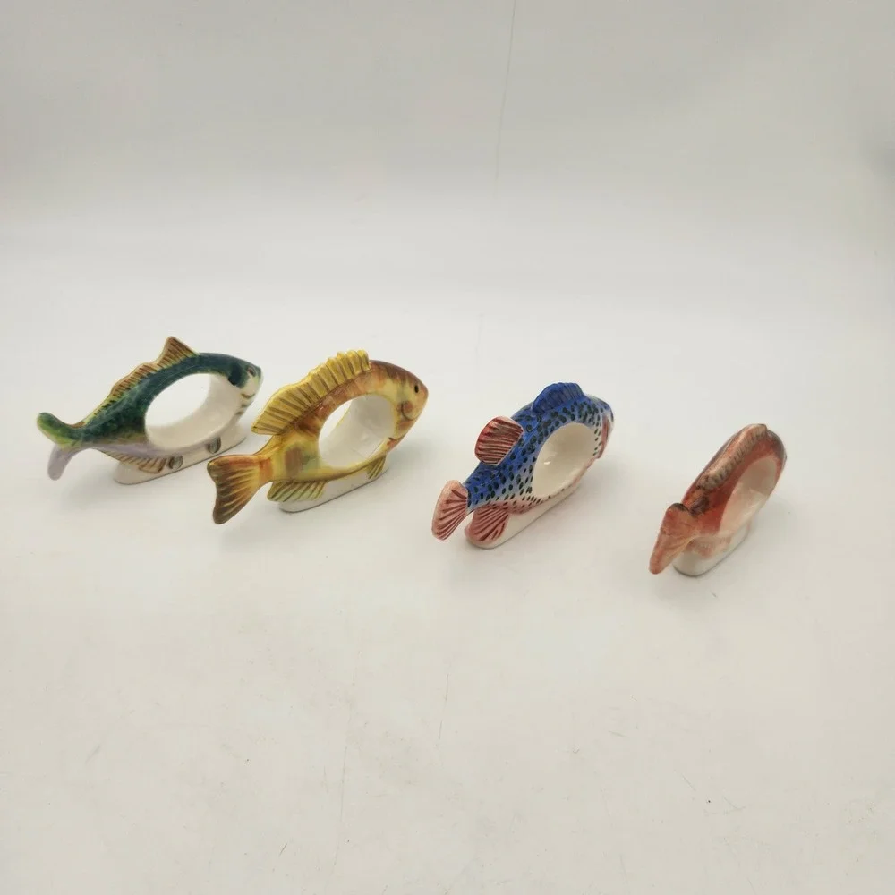 Vintage Style Hand Painted Ceramic Fish Napkin Rings Set of 4 Multicolor Coastal